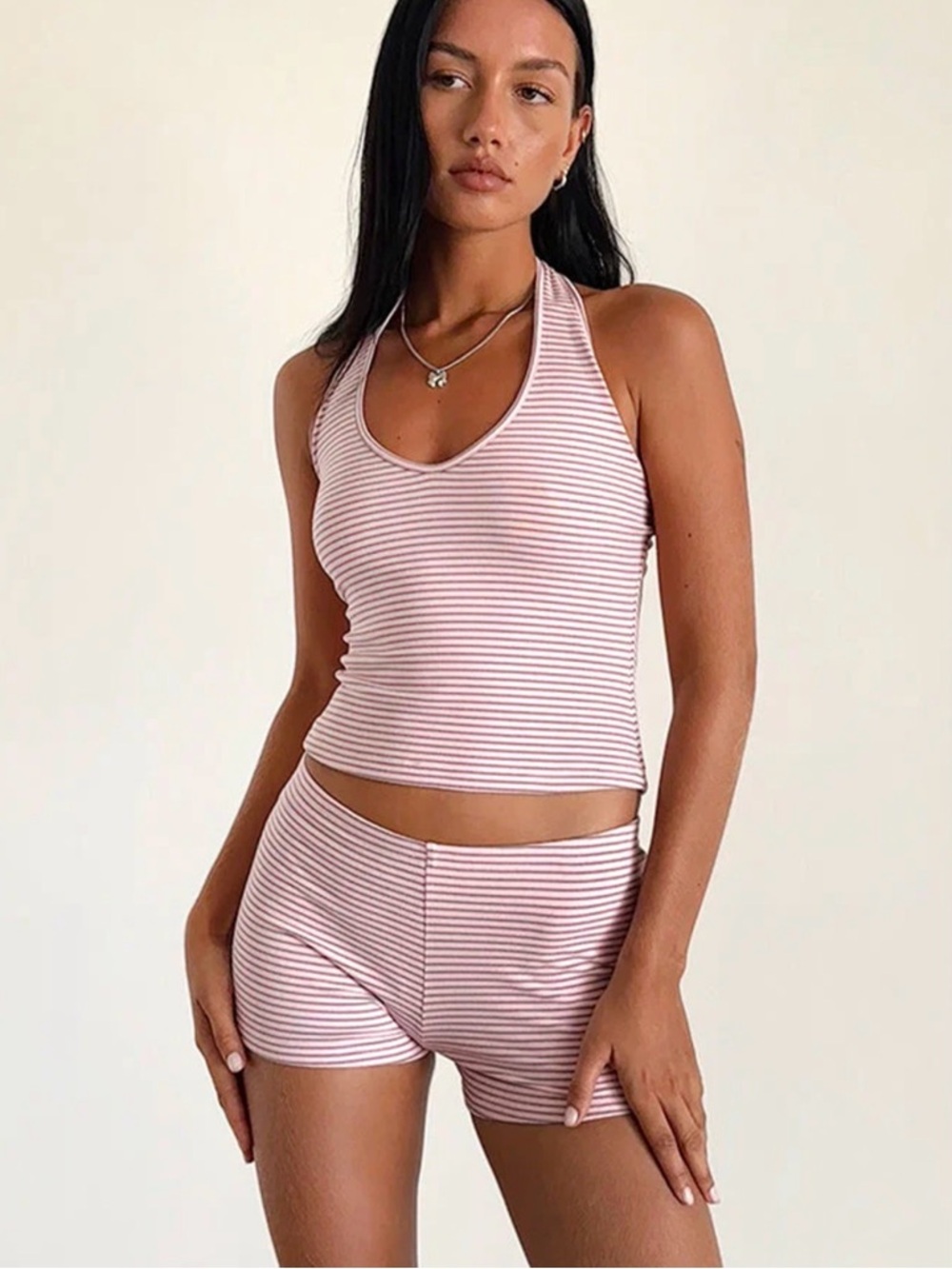 Motel Rocks Sera Micro Short In Pink And Grey Jersey Stripe